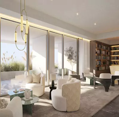 Modern luxury living room with large windows and elegant seating